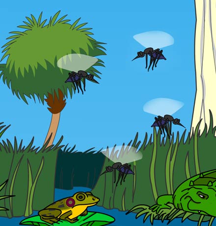 Illustration of a group of flying mosquitos